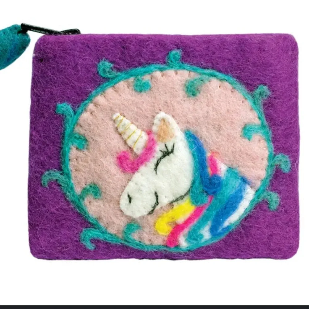Fair Trade and handmade wool unicorn coin purse. made from 100% natural wool